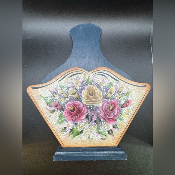 Hand painted Blue and Floral Wooden Storage Box Signed - Picture 1 of 7